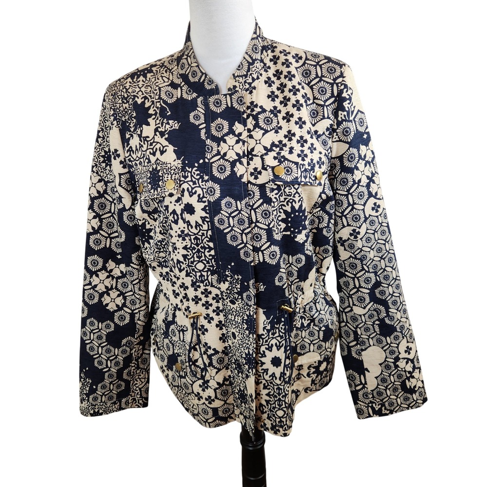 Silk Land Collection Women's L Jacket Safari Boho Floral Silk Blend Beige Navy